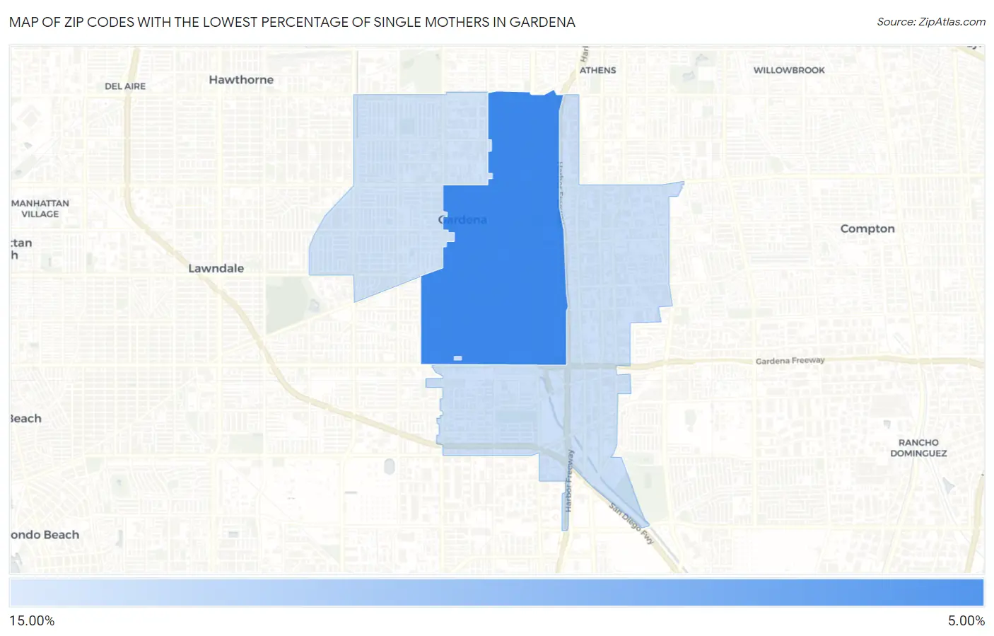 Zip Codes with the Lowest Percentage of Single Mothers in Gardena Map