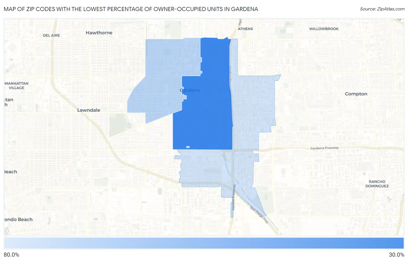 Zip Codes with the Lowest Percentage of Owner-Occupied Units in Gardena Map