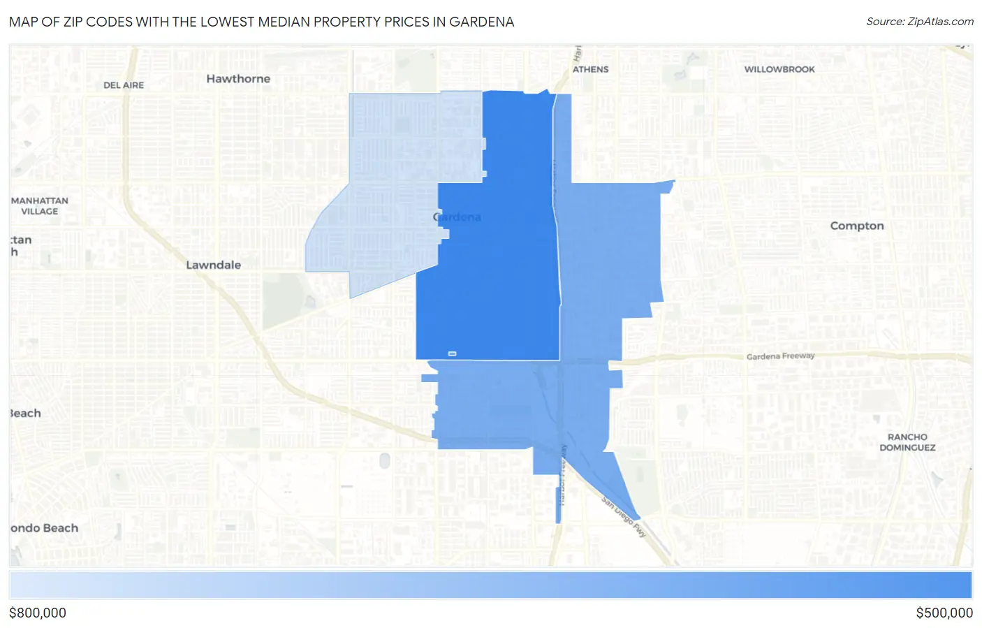 Zip Codes with the Lowest Median Property Prices in Gardena Map
