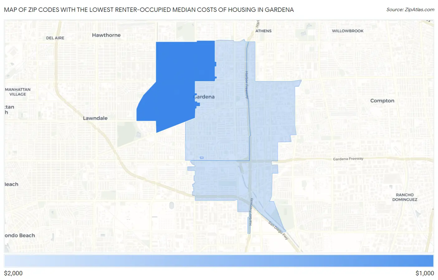 Zip Codes with the Lowest Renter-Occupied Median Costs of Housing in Gardena Map