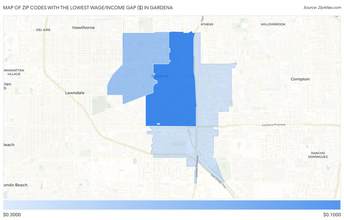 Zip Codes with the Lowest Wage/Income Gap ($) in Gardena Map
