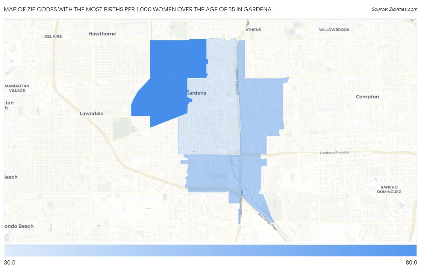 Zip Codes with the Most Births per 1,000 Women Over the Age of 35 in Gardena Map