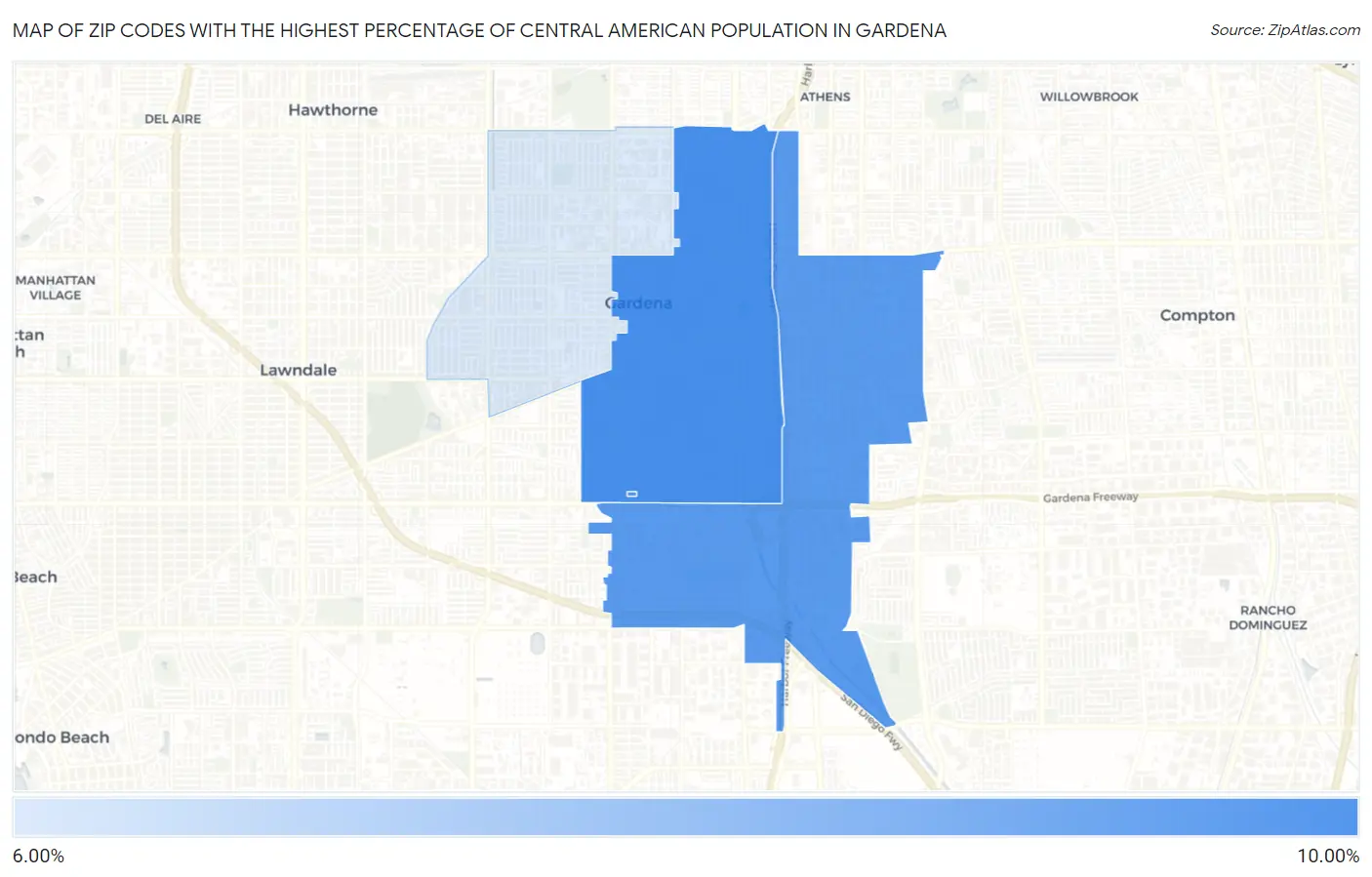 Zip Codes with the Highest Percentage of Central American Population in Gardena Map