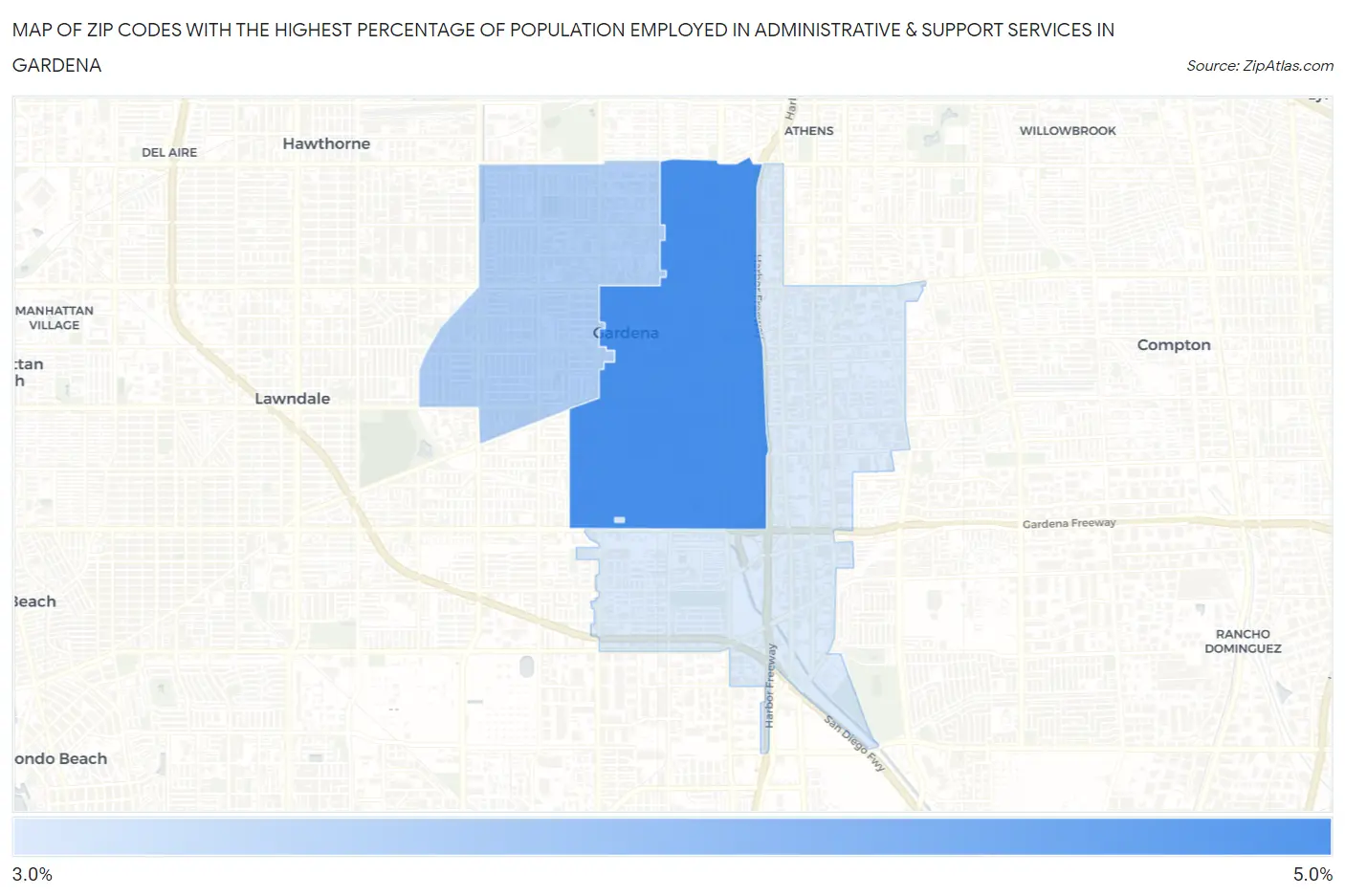 Zip Codes with the Highest Percentage of Population Employed in Administrative & Support Services in Gardena Map