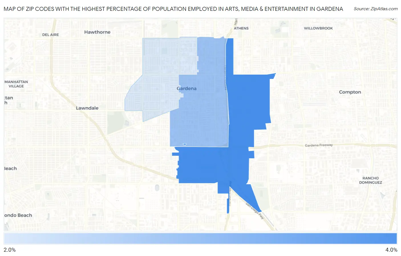 Zip Codes with the Highest Percentage of Population Employed in Arts, Media & Entertainment in Gardena Map