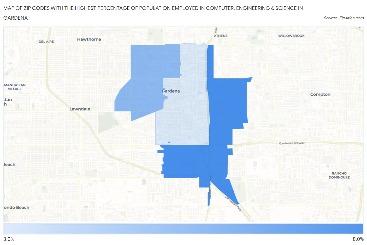 Zip Codes with the Highest Percentage of Population Employed in Computer, Engineering & Science in Gardena Map
