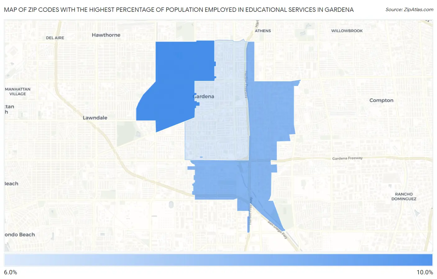 Zip Codes with the Highest Percentage of Population Employed in Educational Services in Gardena Map