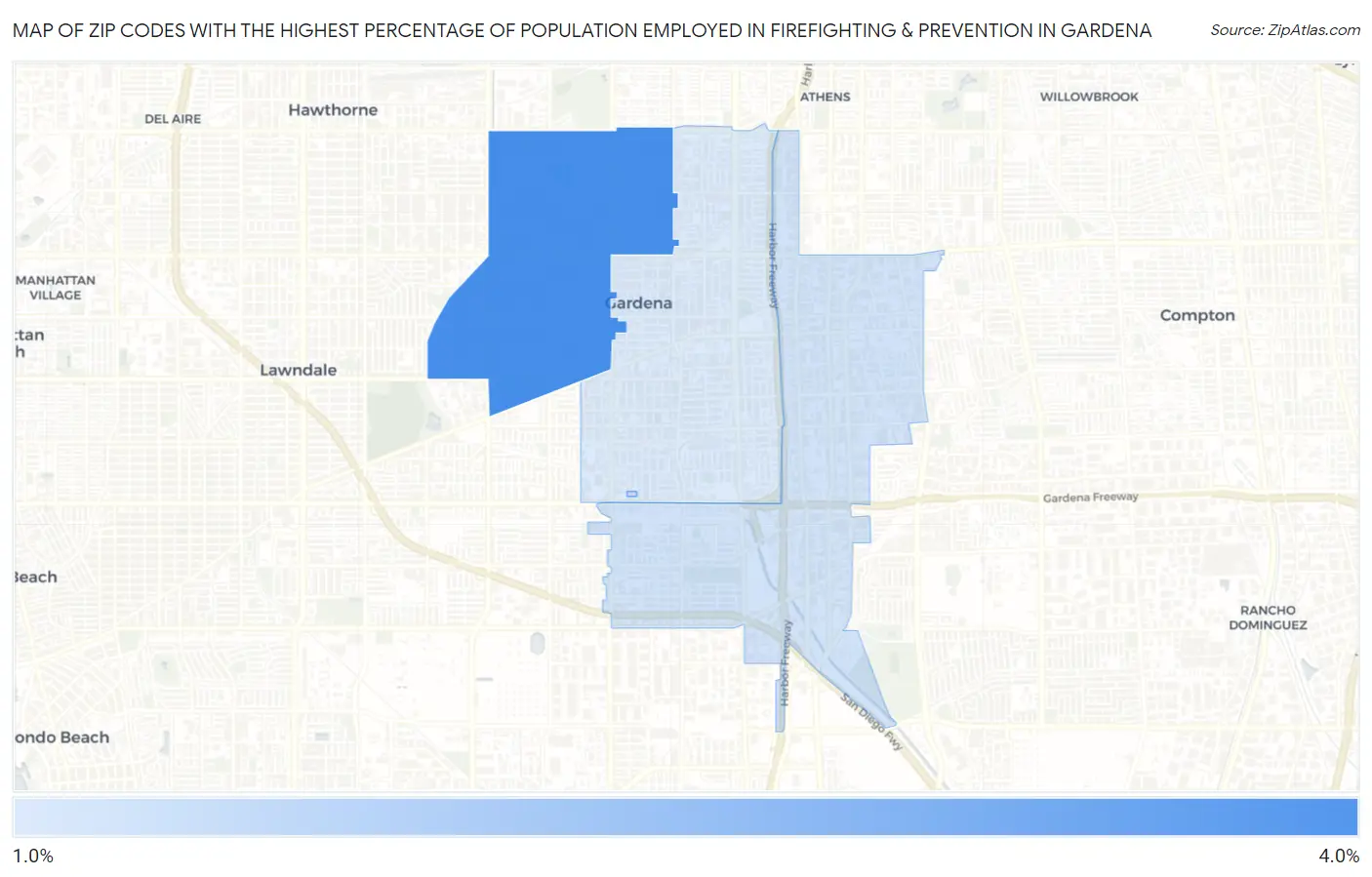 Zip Codes with the Highest Percentage of Population Employed in Firefighting & Prevention in Gardena Map