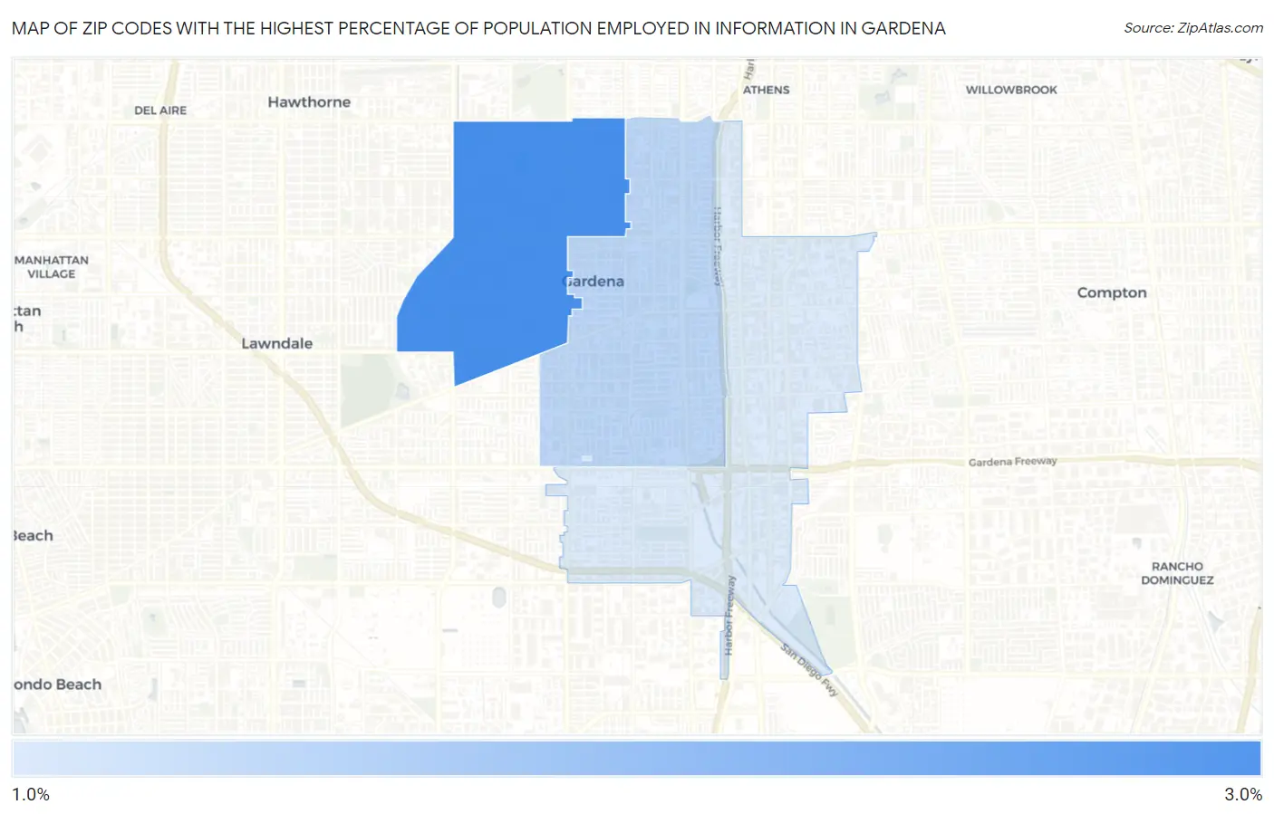 Zip Codes with the Highest Percentage of Population Employed in Information in Gardena Map