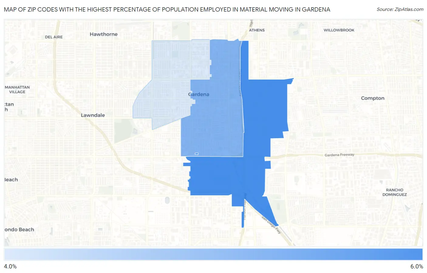 Zip Codes with the Highest Percentage of Population Employed in Material Moving in Gardena Map