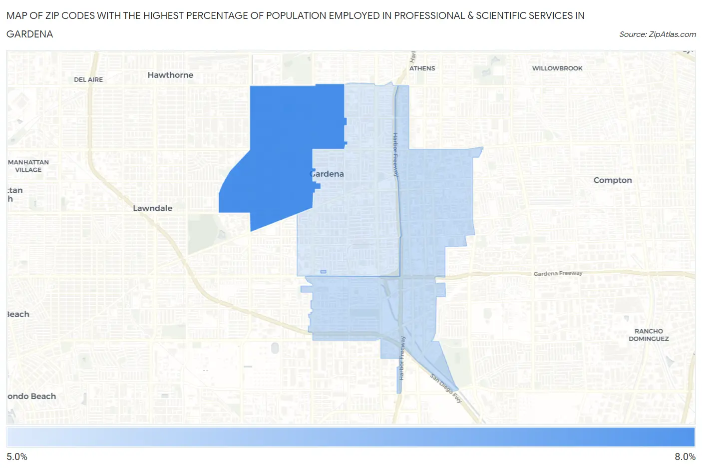 Zip Codes with the Highest Percentage of Population Employed in Professional & Scientific Services in Gardena Map