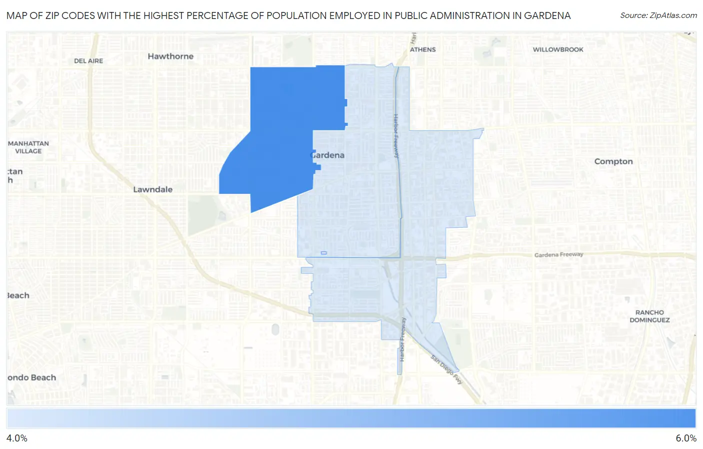 Zip Codes with the Highest Percentage of Population Employed in Public Administration in Gardena Map