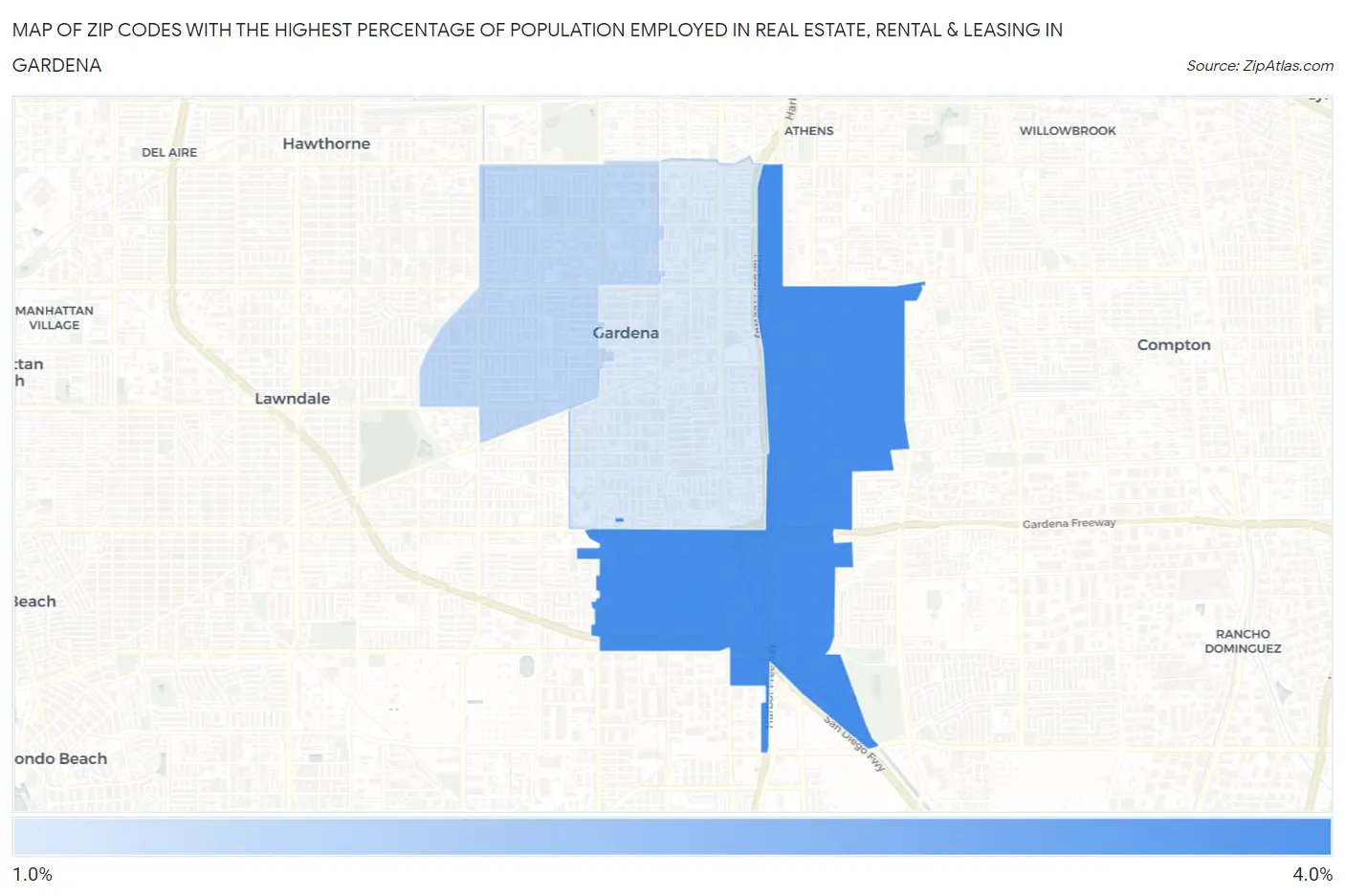 Zip Codes with the Highest Percentage of Population Employed in Real Estate, Rental & Leasing in Gardena Map