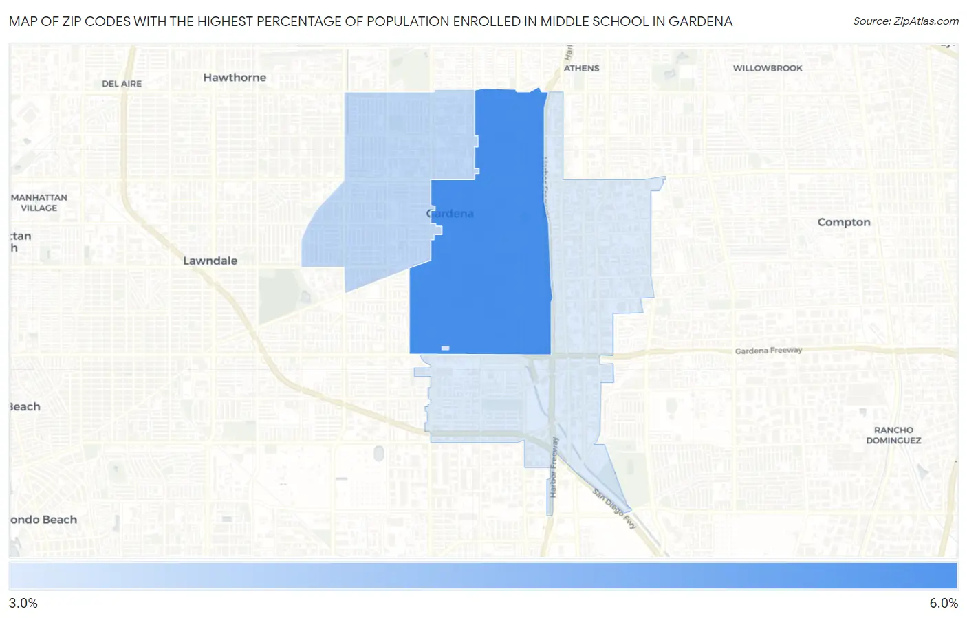 Zip Codes with the Highest Percentage of Population Enrolled in Middle School in Gardena Map