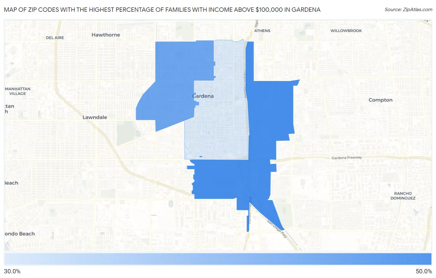 Zip Codes with the Highest Percentage of Families with Income Above $100,000 in Gardena Map