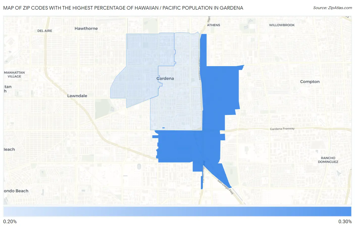 Zip Codes with the Highest Percentage of Hawaiian / Pacific Population in Gardena Map