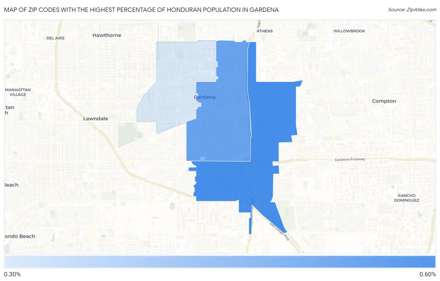 Zip Codes with the Highest Percentage of Honduran Population in Gardena Map