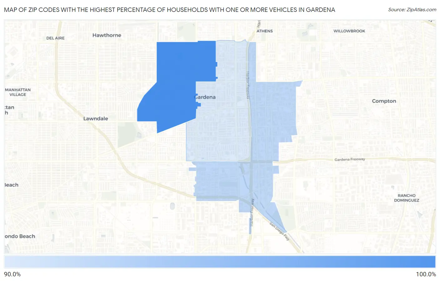 Zip Codes with the Highest Percentage of Households With One or more Vehicles in Gardena Map
