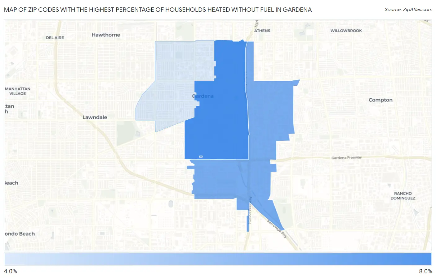 Zip Codes with the Highest Percentage of Households Heated without Fuel in Gardena Map