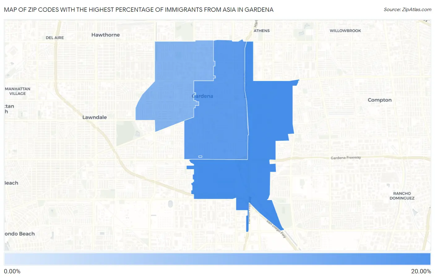 Zip Codes with the Highest Percentage of Immigrants from Asia in Gardena Map