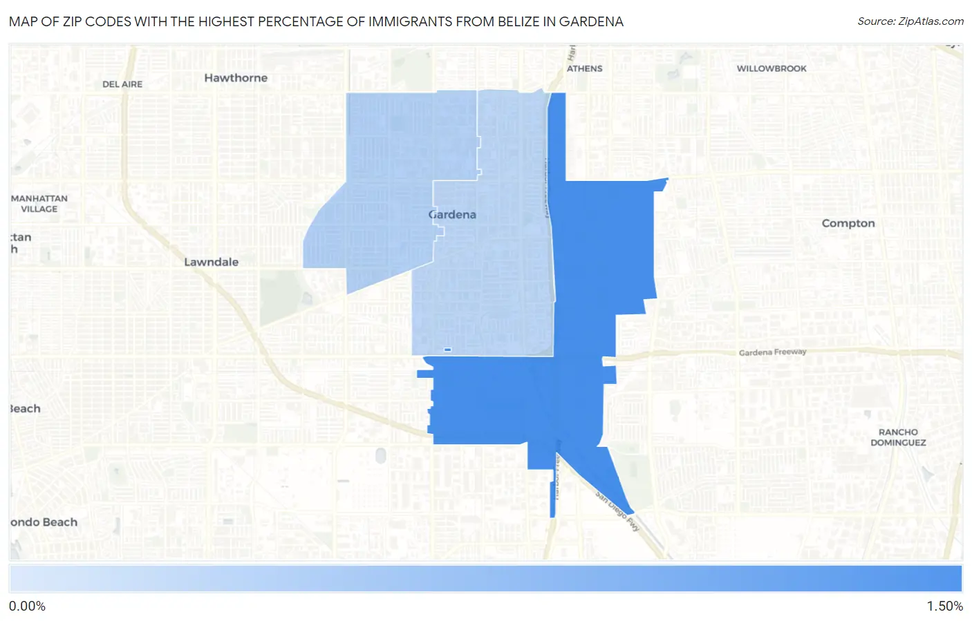 Zip Codes with the Highest Percentage of Immigrants from Belize in Gardena Map