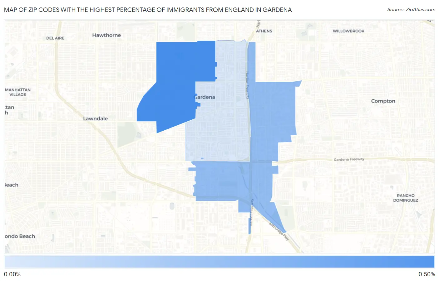 Zip Codes with the Highest Percentage of Immigrants from England in Gardena Map