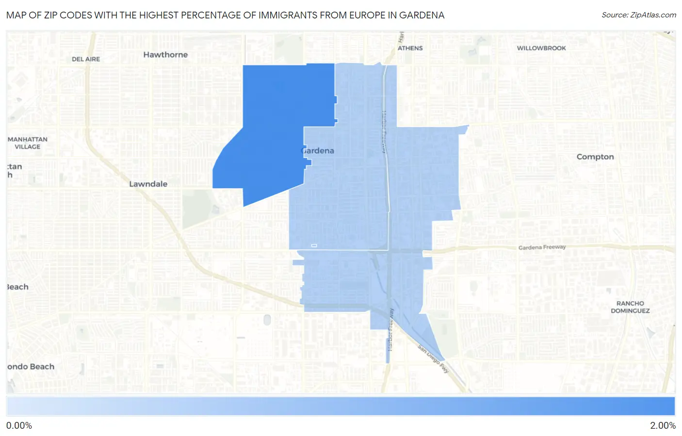 Zip Codes with the Highest Percentage of Immigrants from Europe in Gardena Map