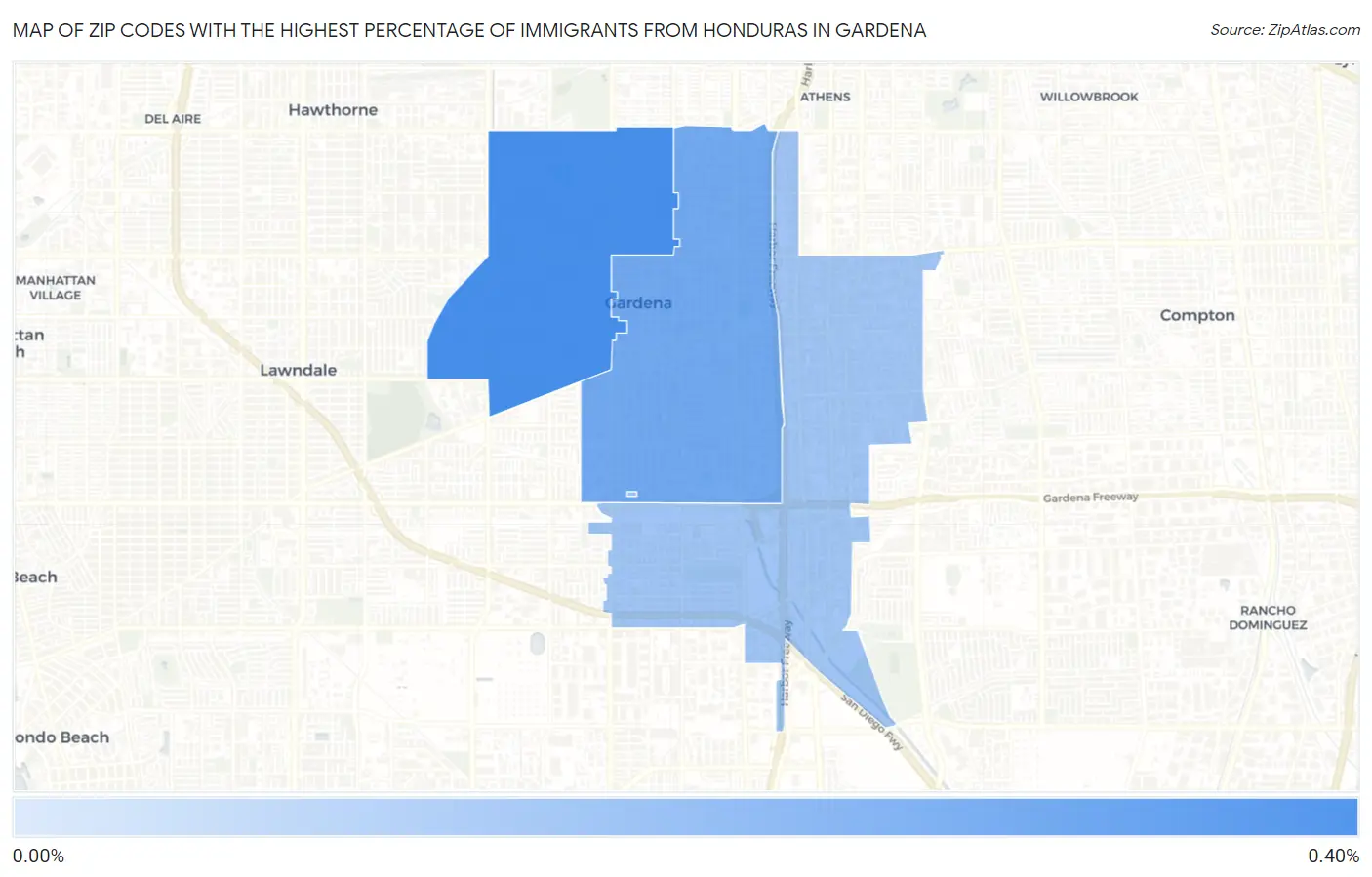 Zip Codes with the Highest Percentage of Immigrants from Honduras in Gardena Map