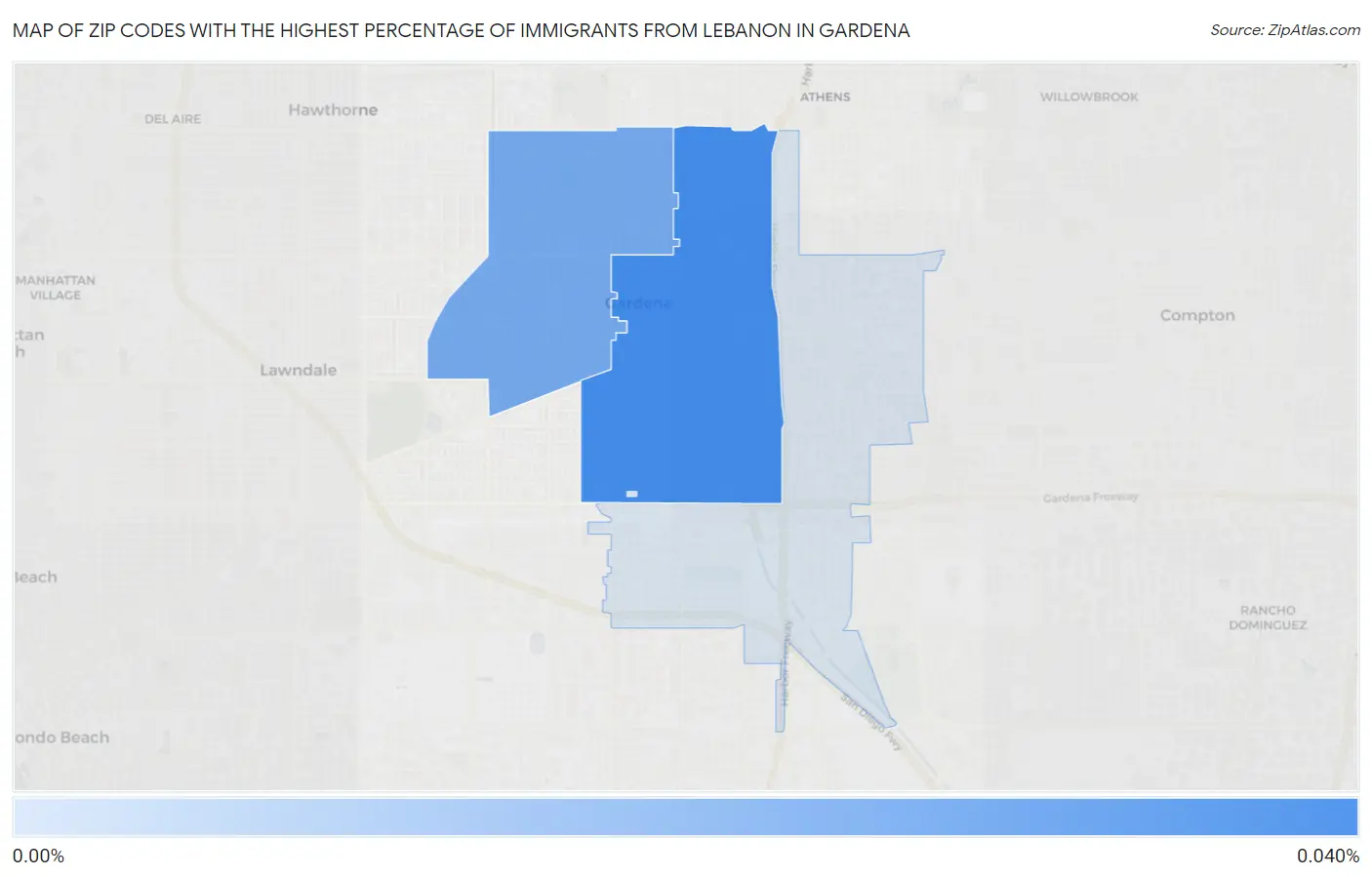 Zip Codes with the Highest Percentage of Immigrants from Lebanon in Gardena Map