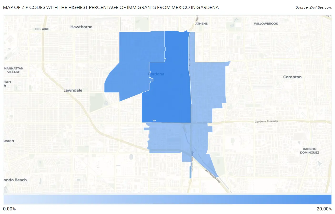 Zip Codes with the Highest Percentage of Immigrants from Mexico in Gardena Map