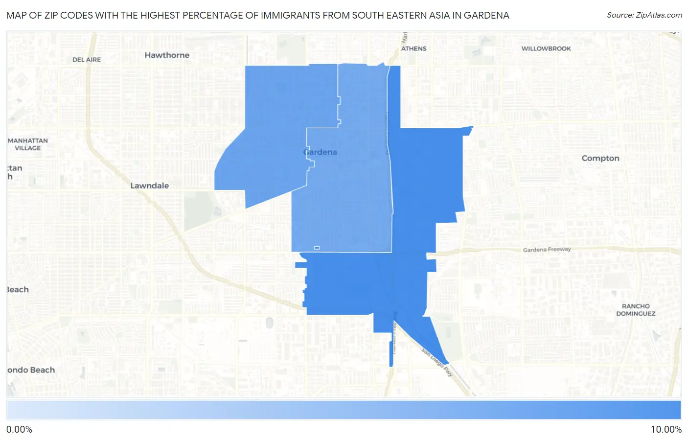 Zip Codes with the Highest Percentage of Immigrants from South Eastern Asia in Gardena Map