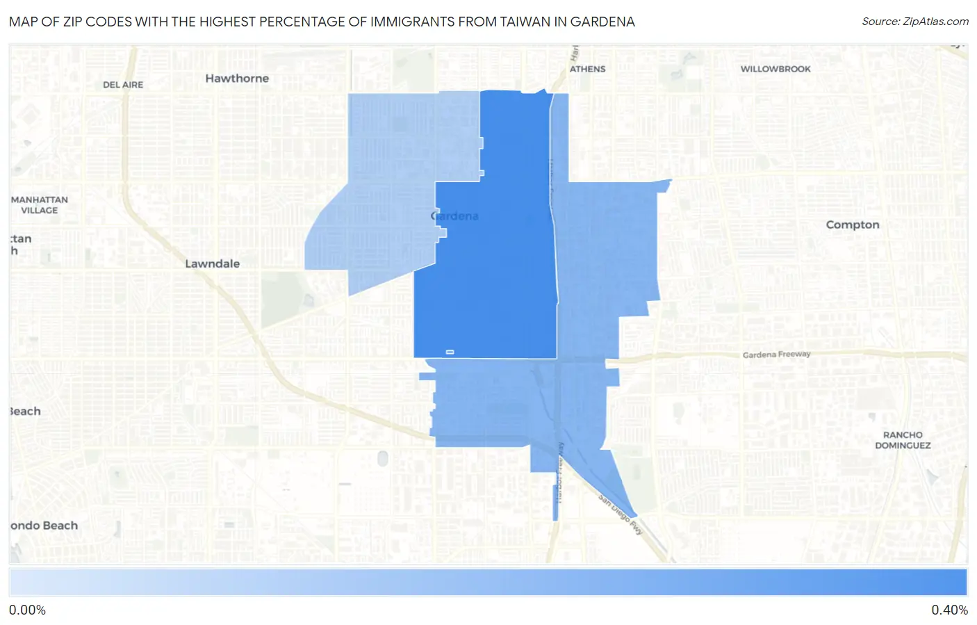 Zip Codes with the Highest Percentage of Immigrants from Taiwan in Gardena Map