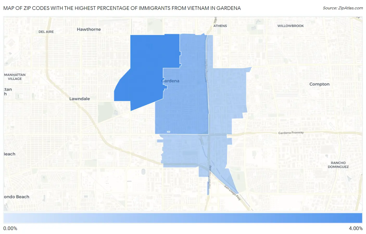 Zip Codes with the Highest Percentage of Immigrants from Vietnam in Gardena Map