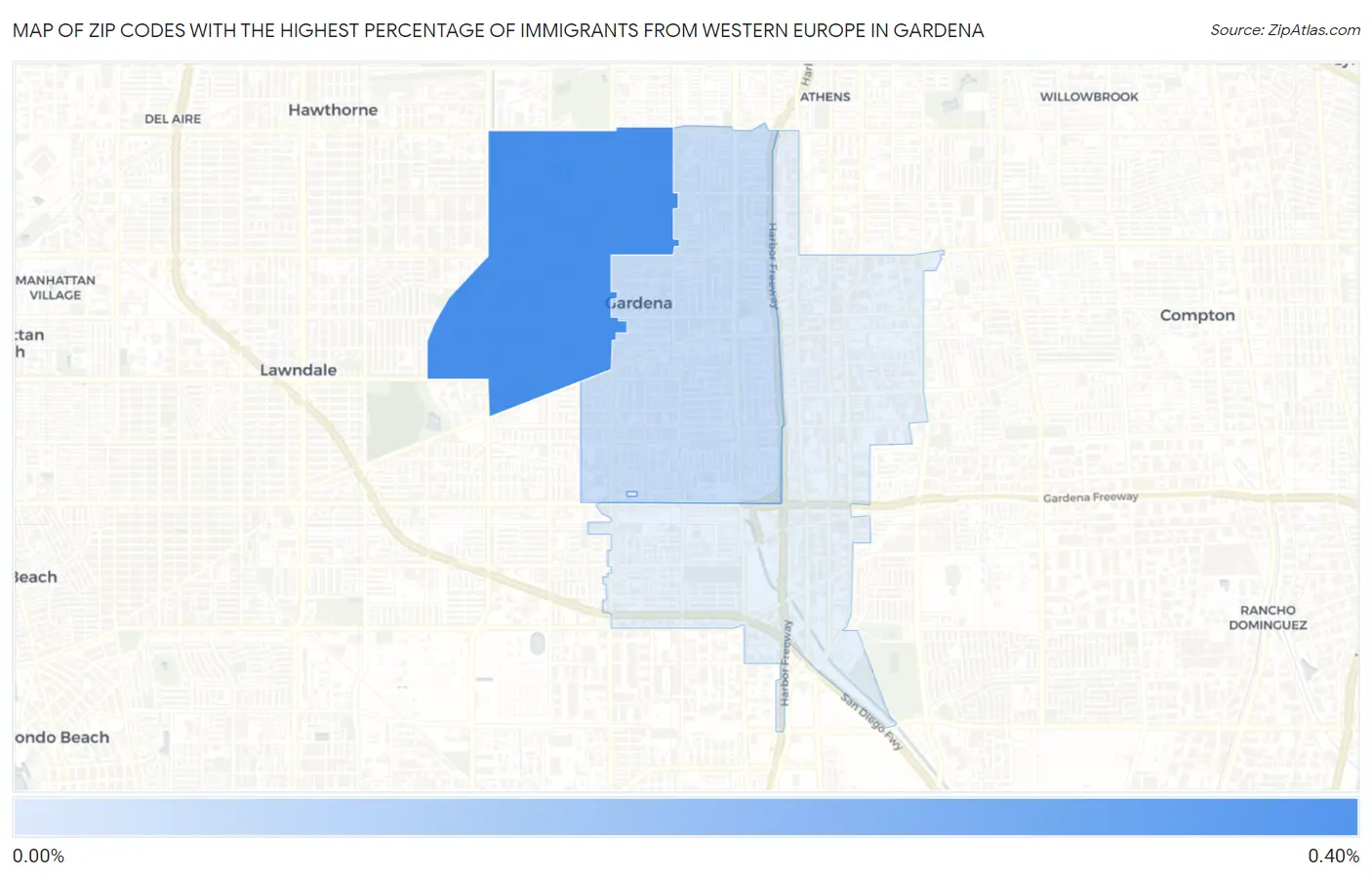 Zip Codes with the Highest Percentage of Immigrants from Western Europe in Gardena Map
