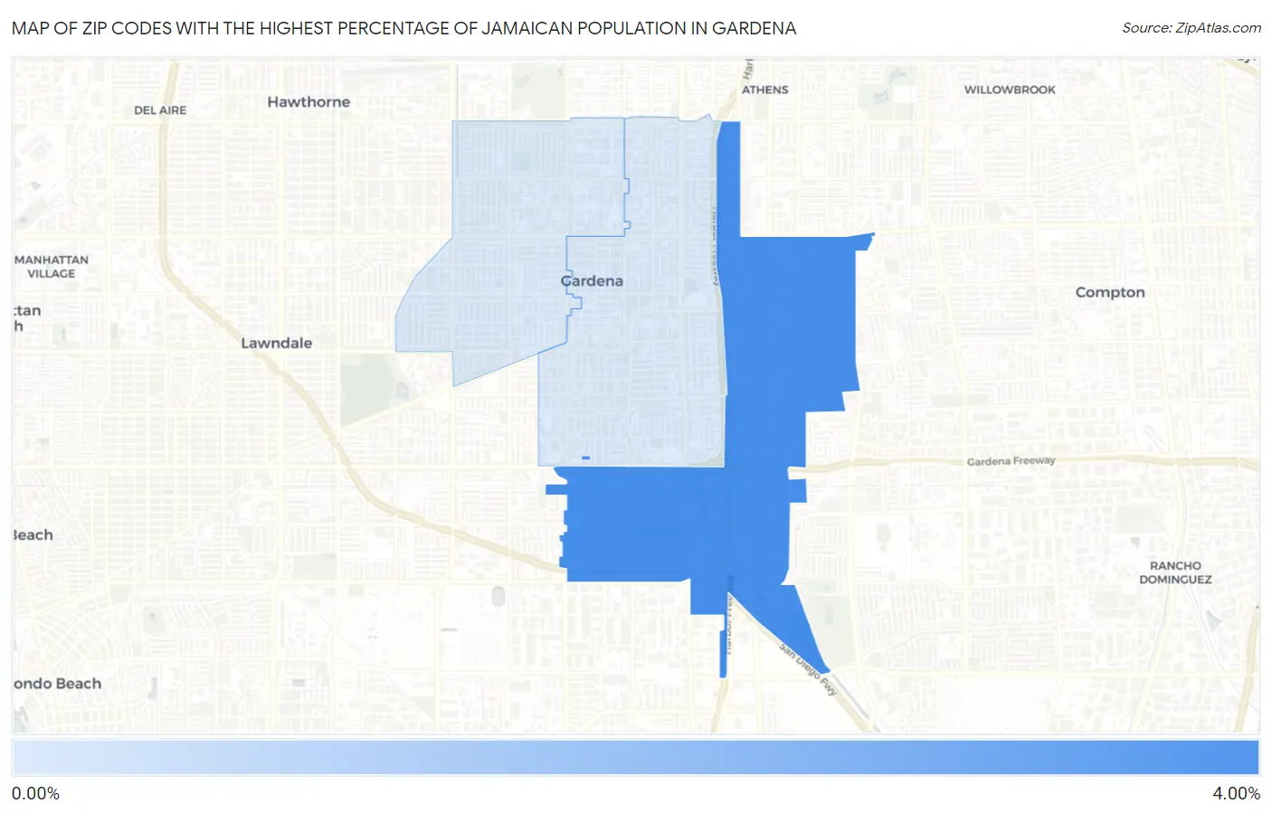 Zip Codes with the Highest Percentage of Jamaican Population in Gardena Map