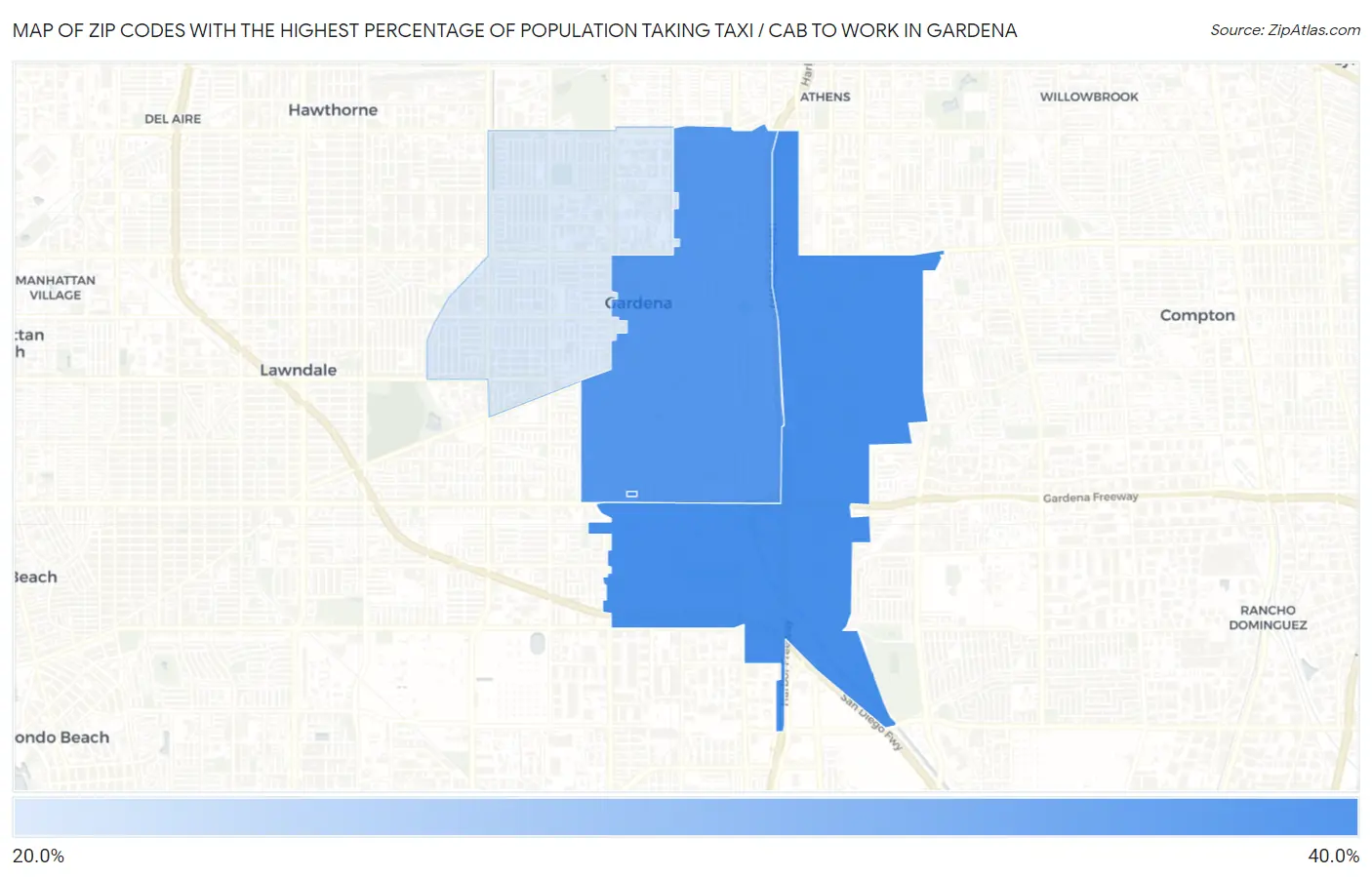 Zip Codes with the Highest Percentage of Population Taking Taxi / Cab to Work in Gardena Map