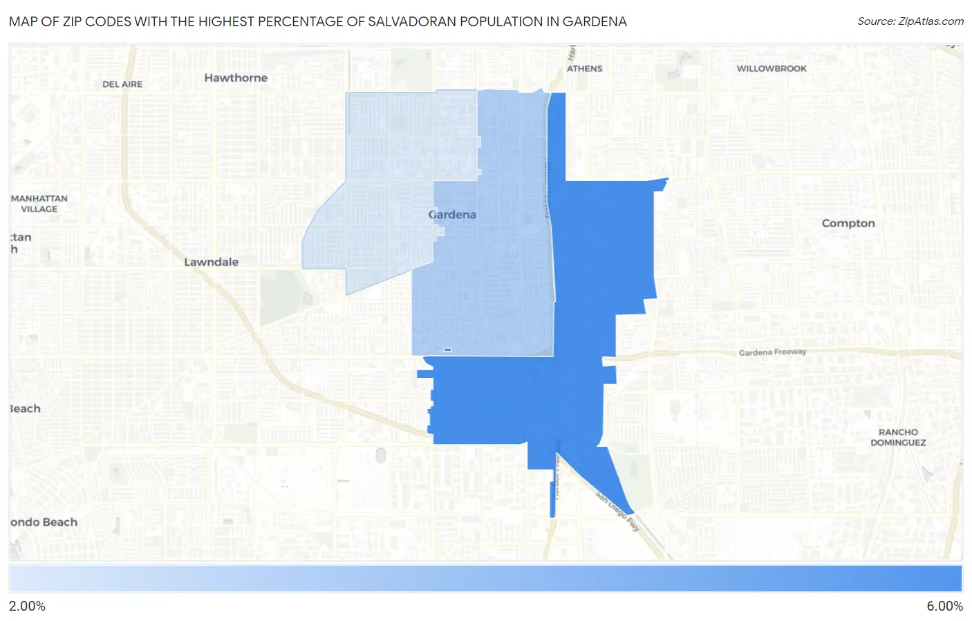 Zip Codes with the Highest Percentage of Salvadoran Population in Gardena Map