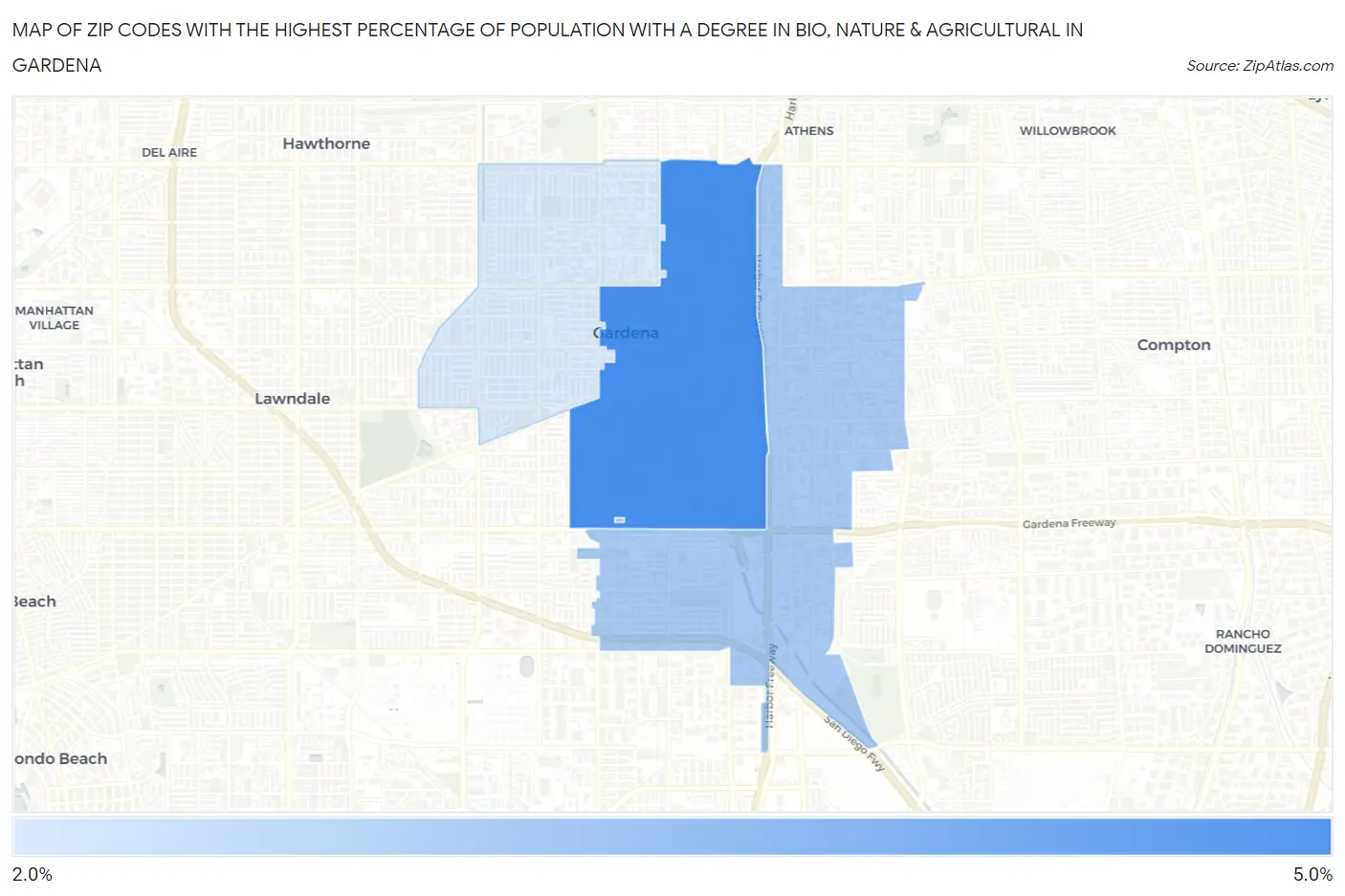 Zip Codes with the Highest Percentage of Population with a Degree in Bio, Nature & Agricultural in Gardena Map