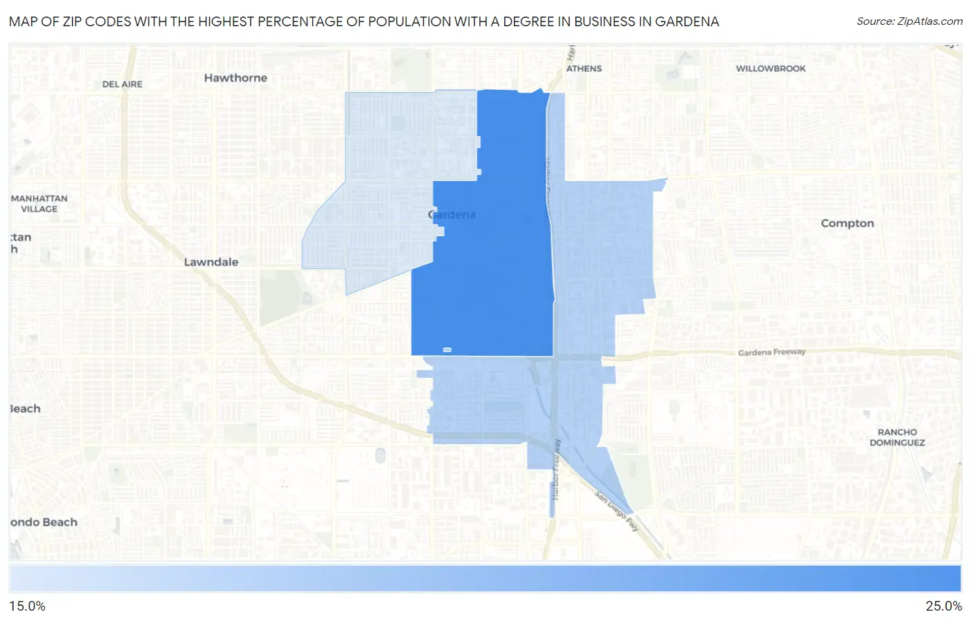 Zip Codes with the Highest Percentage of Population with a Degree in Business in Gardena Map