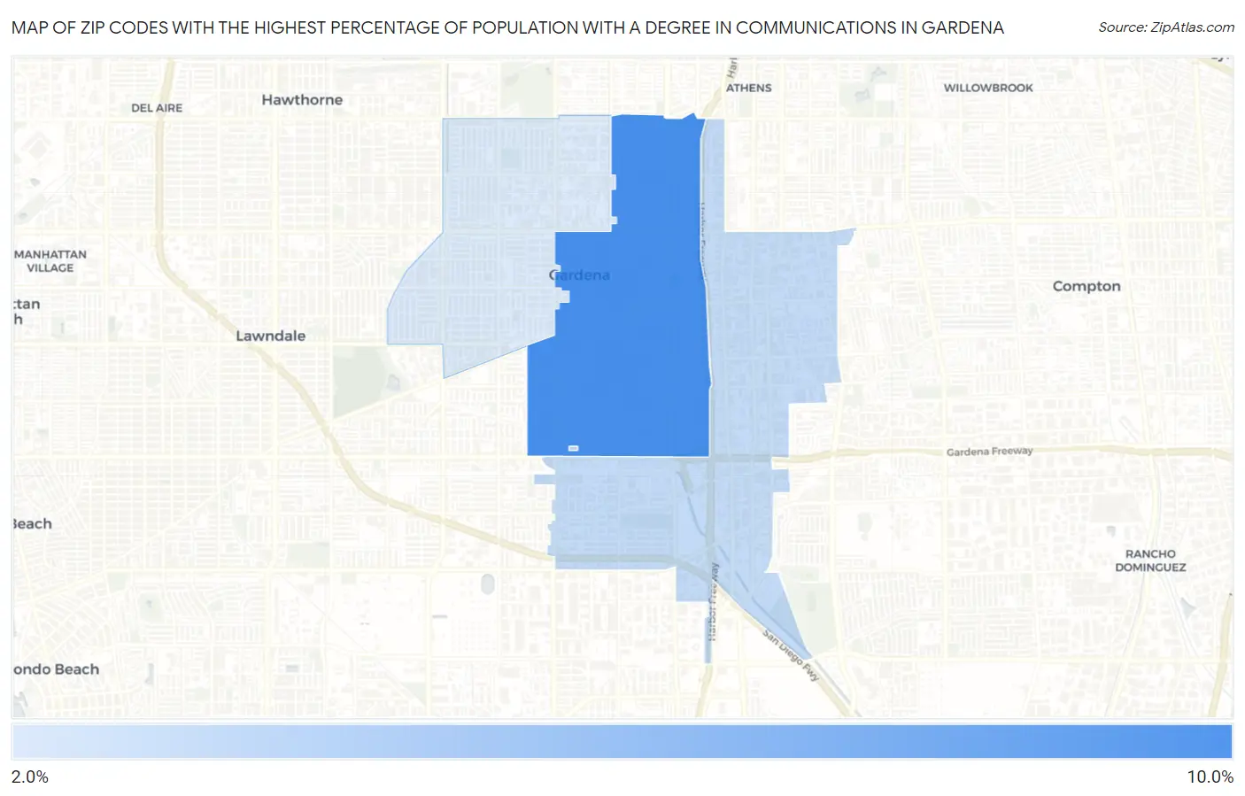 Zip Codes with the Highest Percentage of Population with a Degree in Communications in Gardena Map