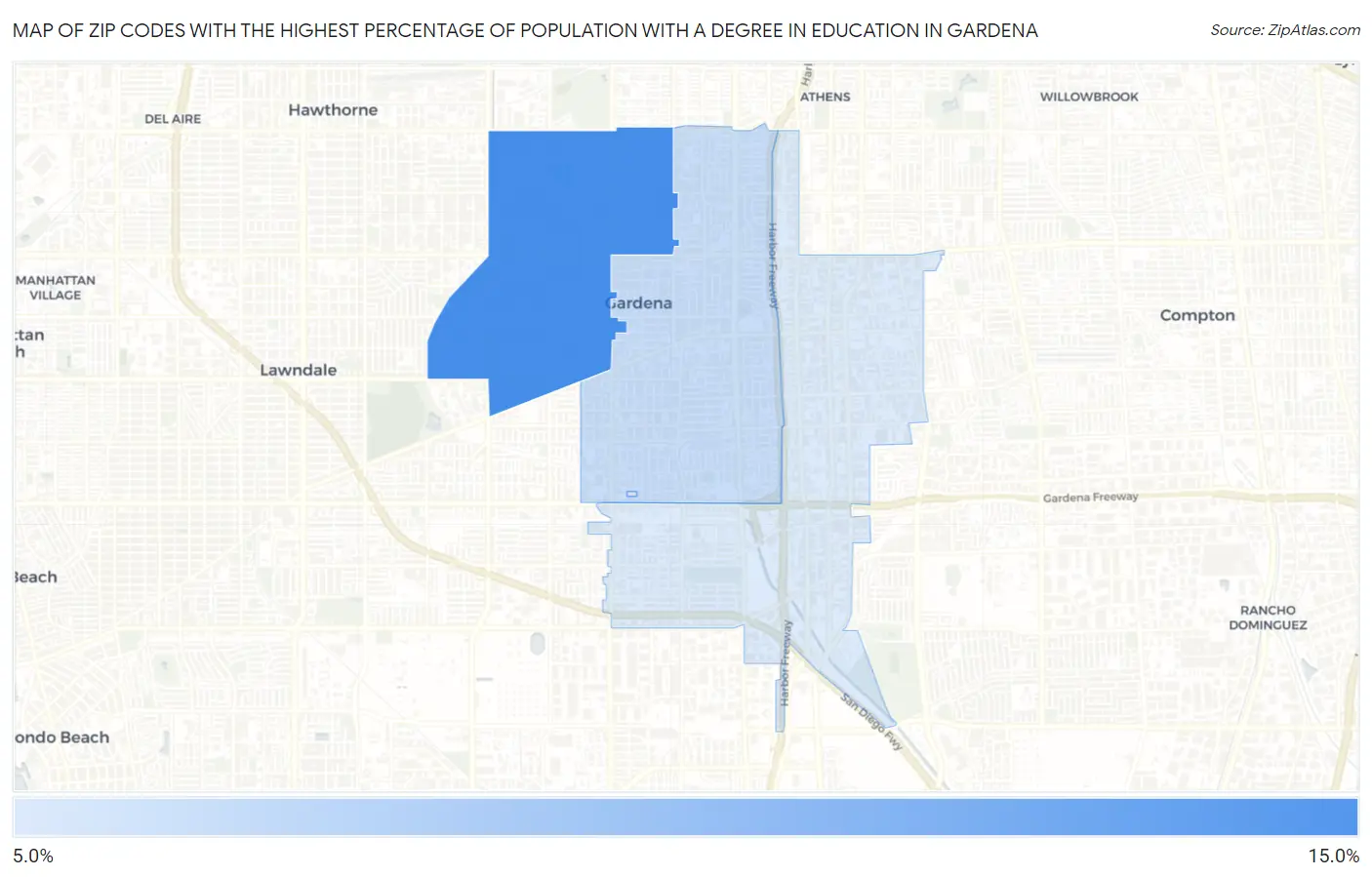 Zip Codes with the Highest Percentage of Population with a Degree in Education in Gardena Map