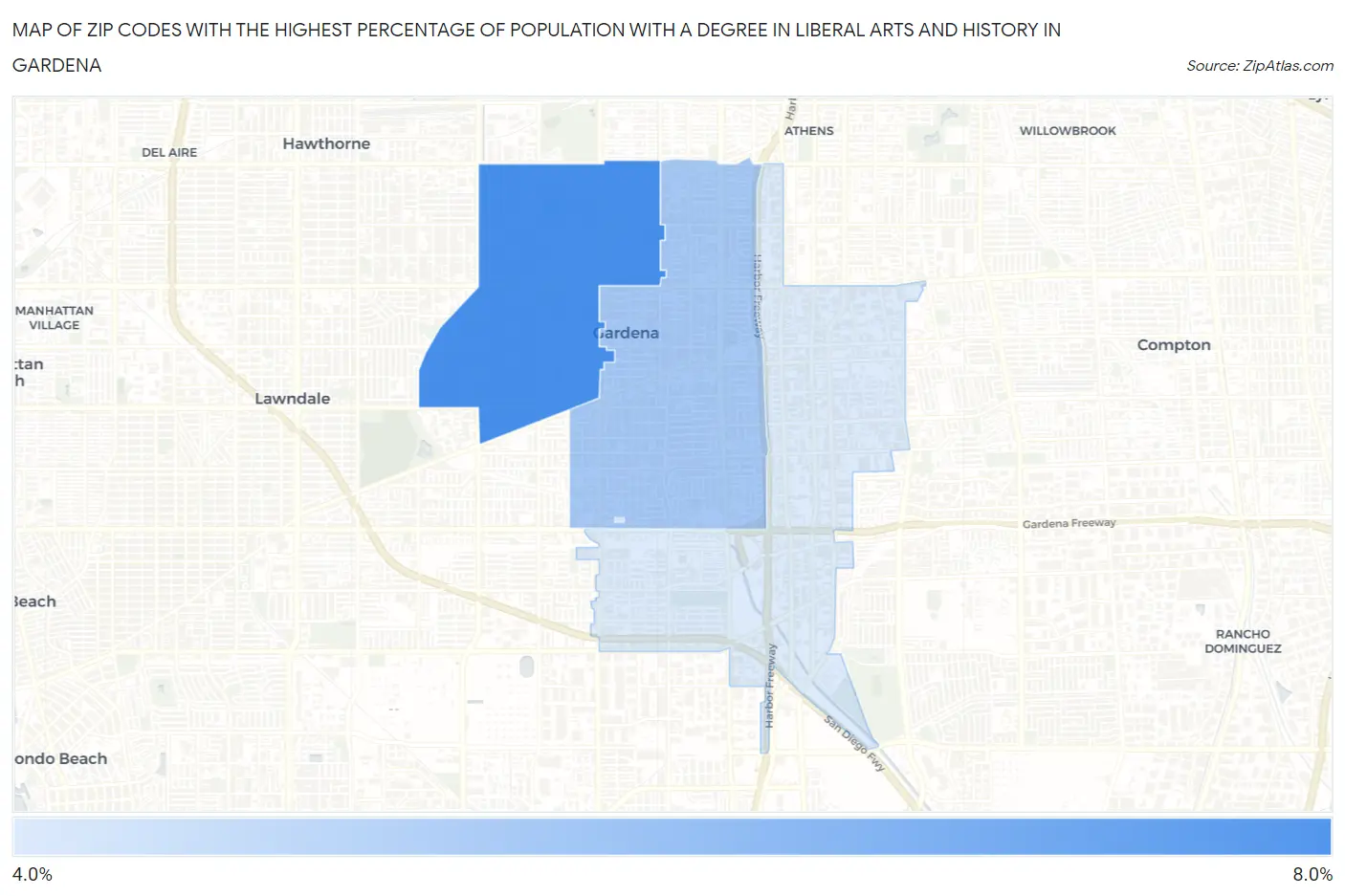 Zip Codes with the Highest Percentage of Population with a Degree in Liberal Arts and History in Gardena Map