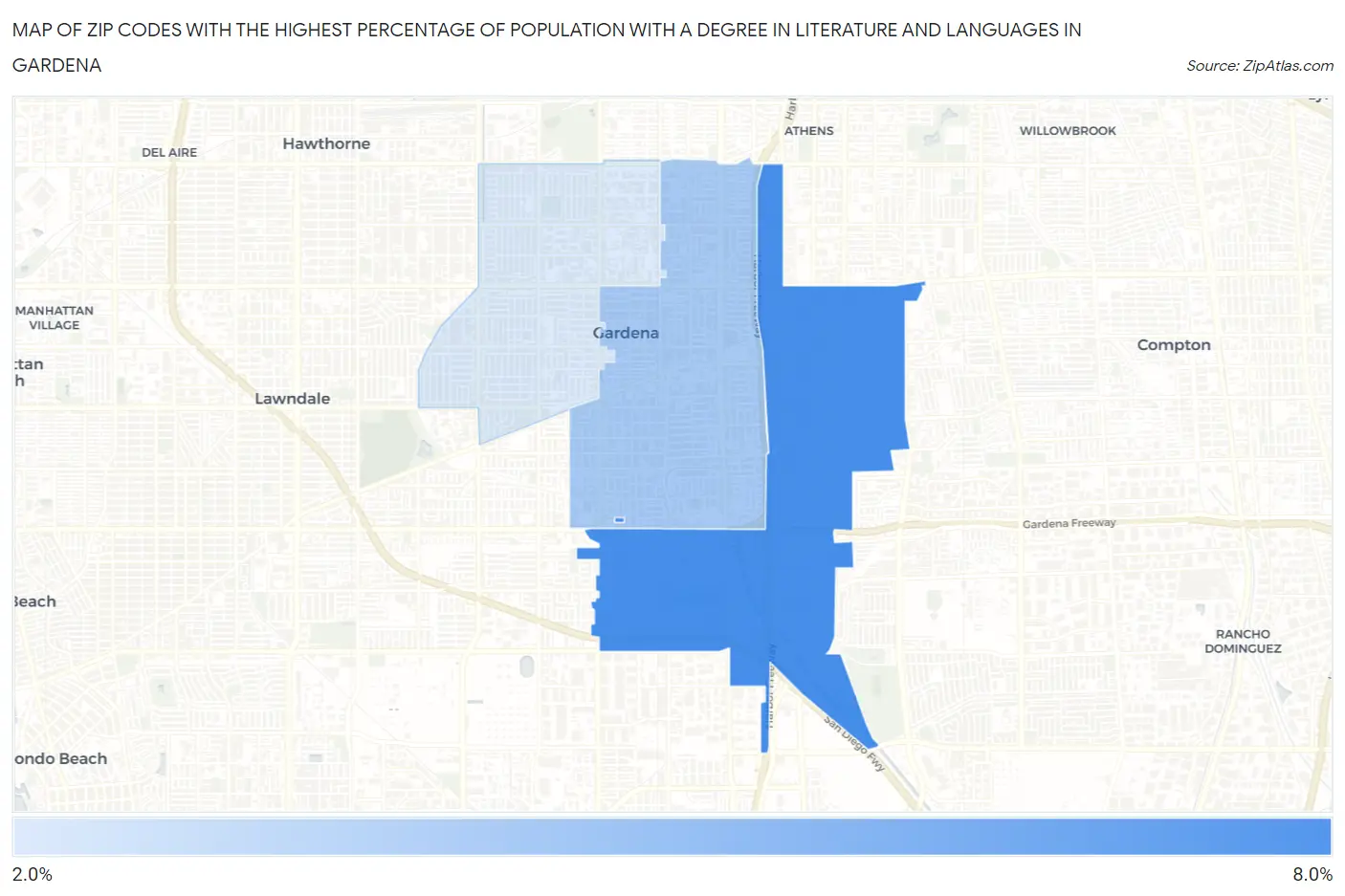 Zip Codes with the Highest Percentage of Population with a Degree in Literature and Languages in Gardena Map