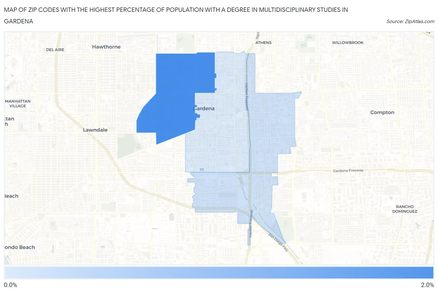 Zip Codes with the Highest Percentage of Population with a Degree in Multidisciplinary Studies in Gardena Map