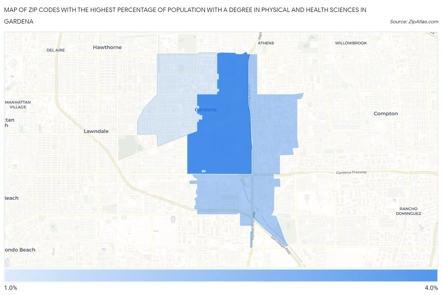 Zip Codes with the Highest Percentage of Population with a Degree in Physical and Health Sciences in Gardena Map