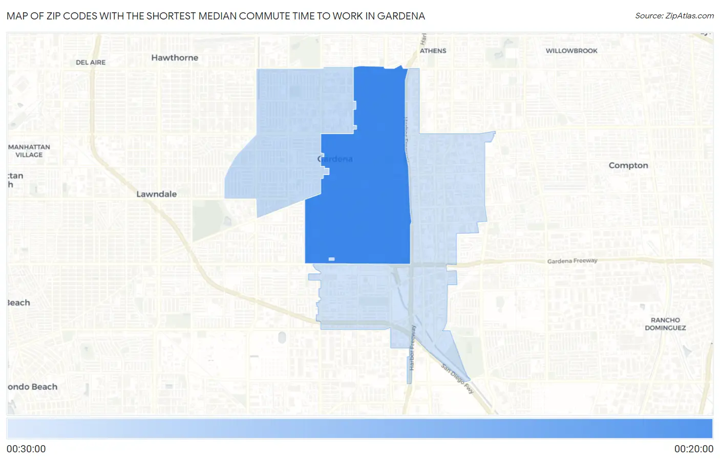 Zip Codes with the Shortest Median Commute Time to Work in Gardena Map