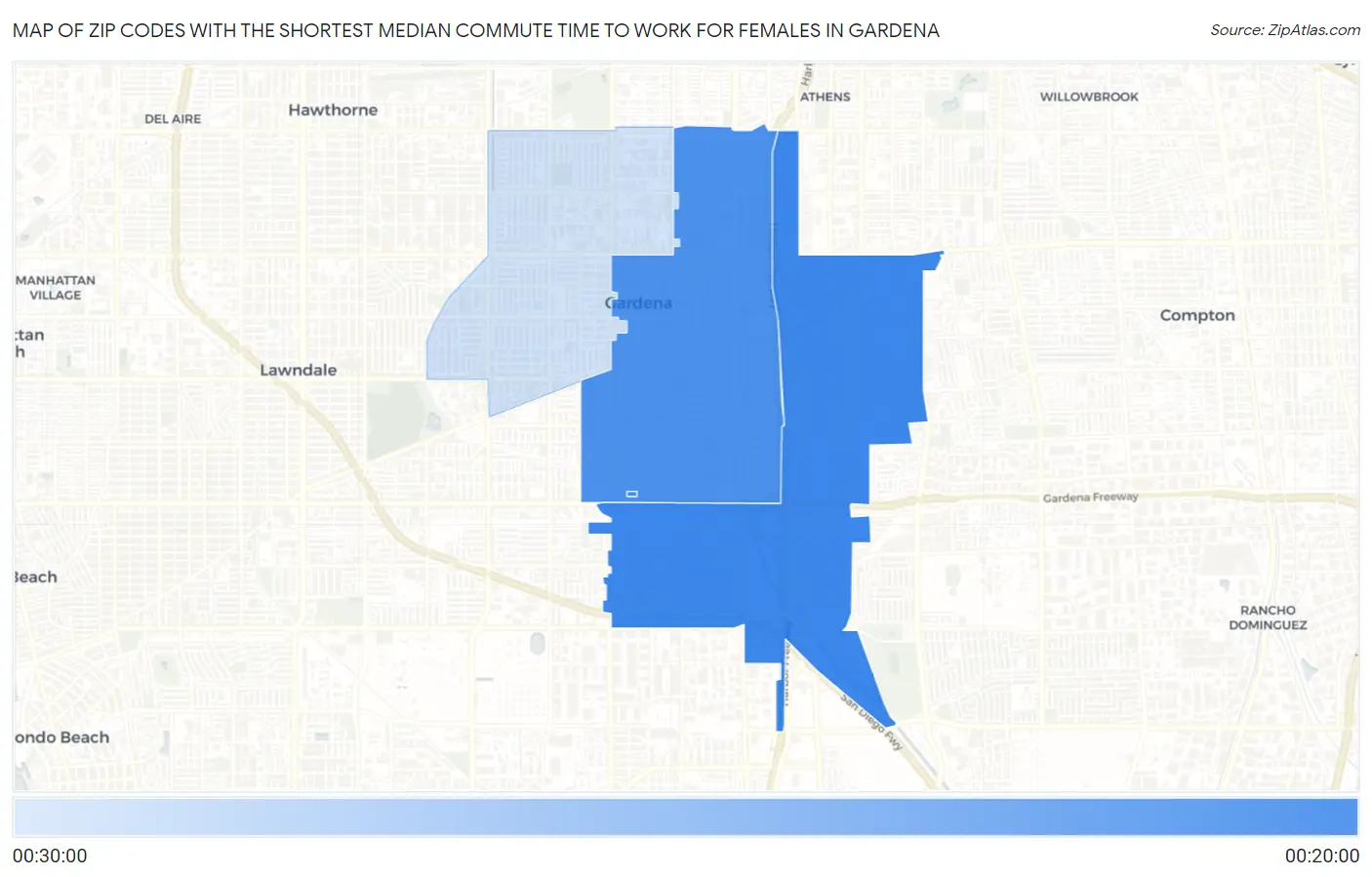 Zip Codes with the Shortest Median Commute Time to Work for Females in Gardena Map