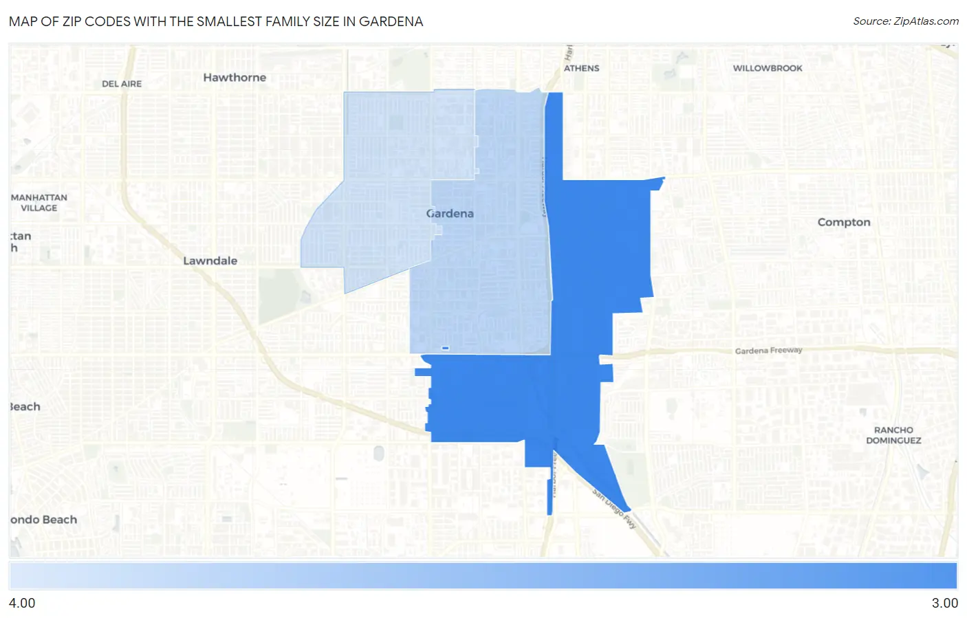 Zip Codes with the Smallest Family Size in Gardena Map