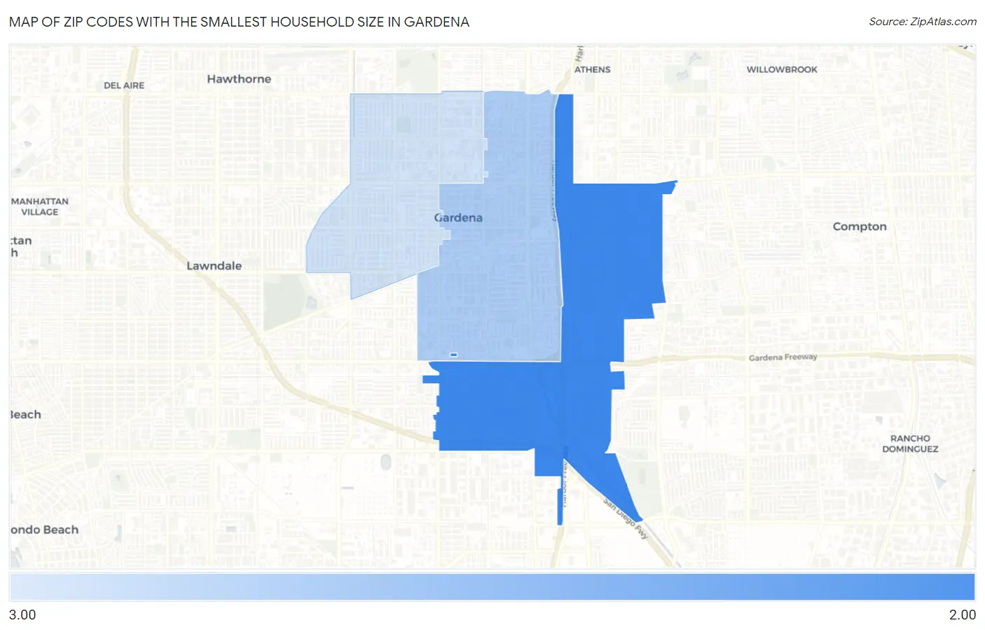 Zip Codes with the Smallest Household Size in Gardena Map