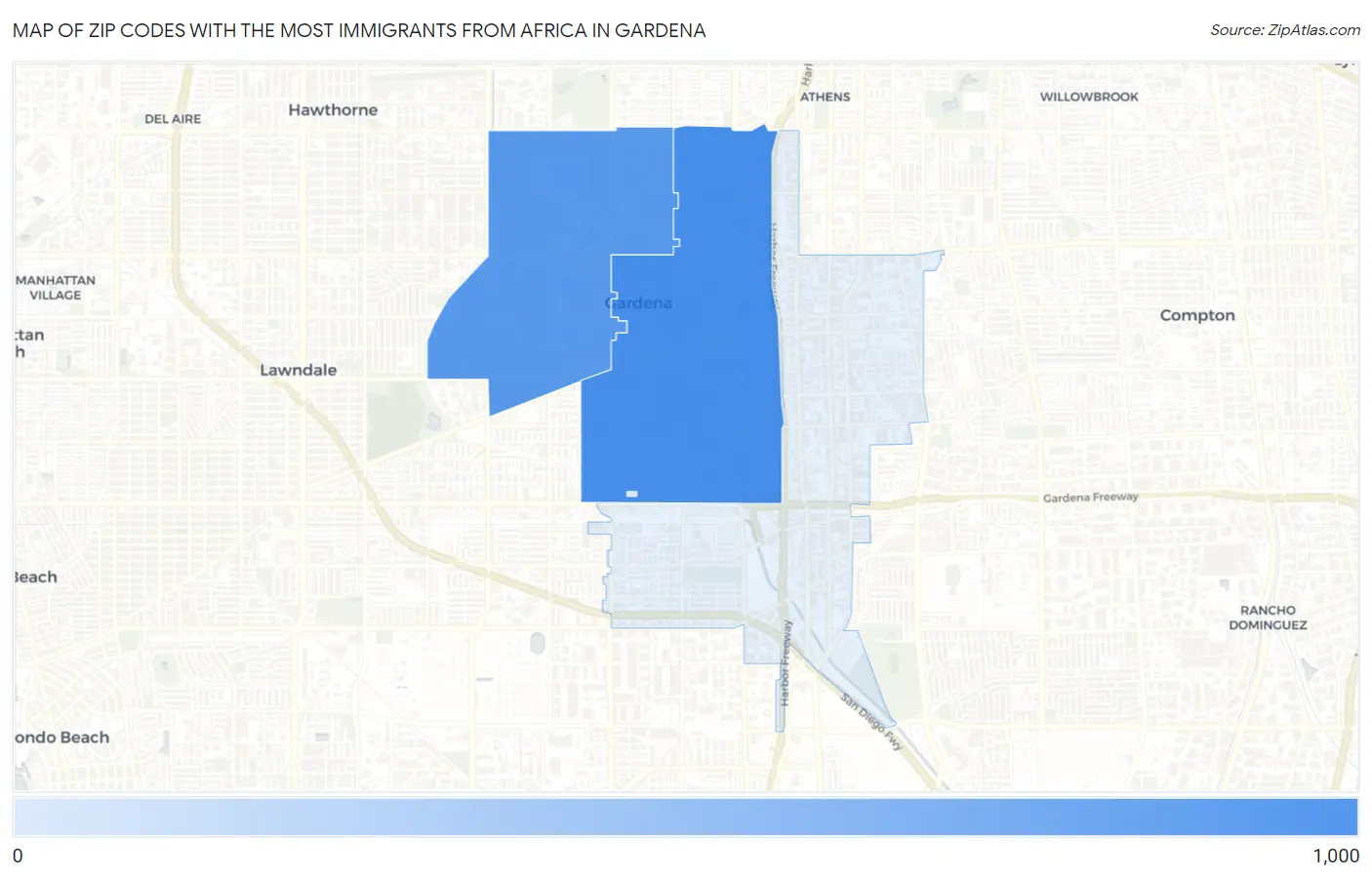 Zip Codes with the Most Immigrants from Africa in Gardena Map